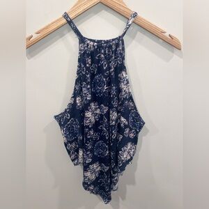 Free People Blue White Floral High Neck Tank Top Size Small Bandana Shape